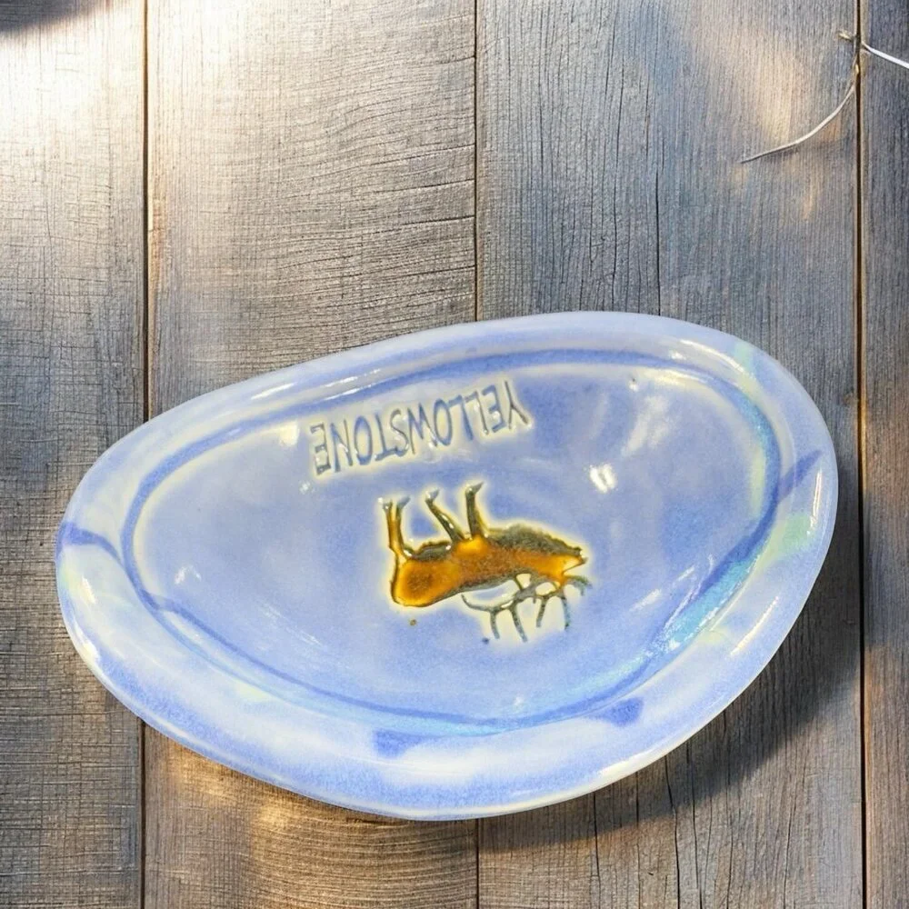 Vintage Yellowstone Pottery Ceramic Oval Trinket Holder Dish Small Plate Blue